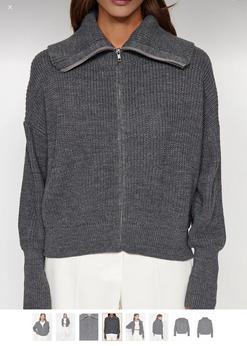 Gri Yüksek Yakalı Bol Kesim Triko hırka - Görsel 8