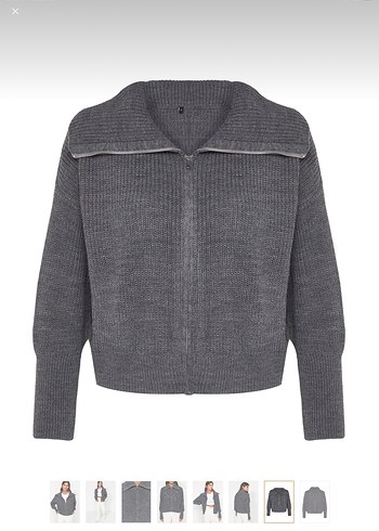 Gri Yüksek Yakalı Bol Kesim Triko hırka - Görsel 6