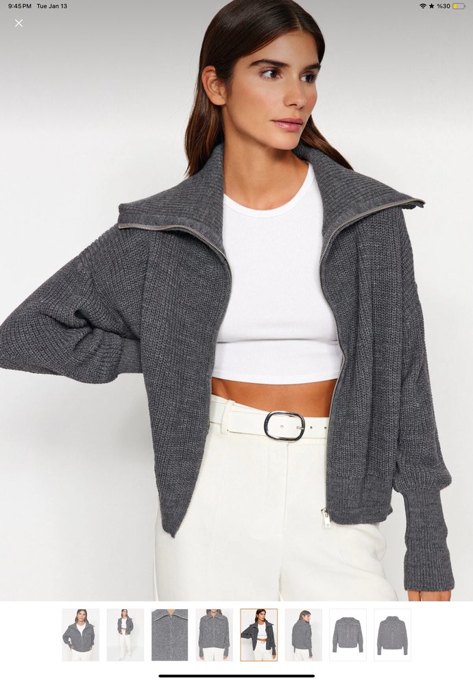 Gri Yüksek Yakalı Bol Kesim Triko hırka - Görsel 4