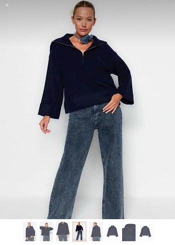 Kadın Lacivert Fermuarlı Yüksek Yakalı Kazak - Görsel 4