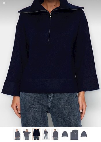 Kadın Lacivert Fermuarlı Yüksek Yakalı Kazak - Görsel 3