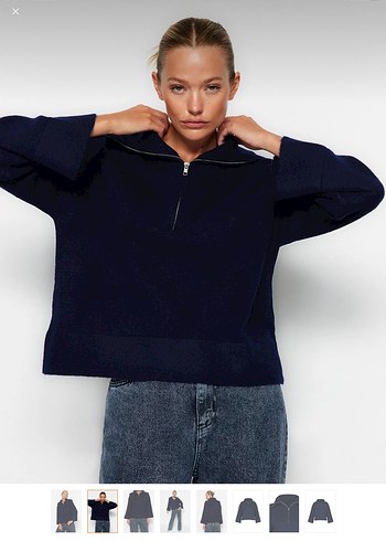 Kadın Lacivert Fermuarlı Yüksek Yakalı Kazak - Görsel 2