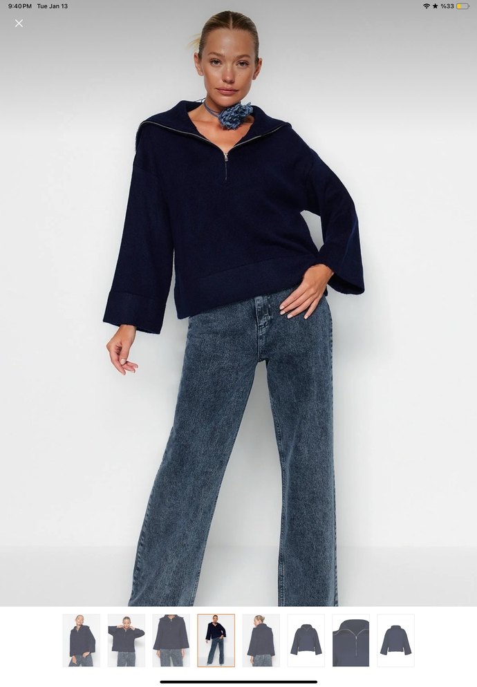 Kadın Lacivert Fermuarlı Yüksek Yakalı Kazak - Görsel 4