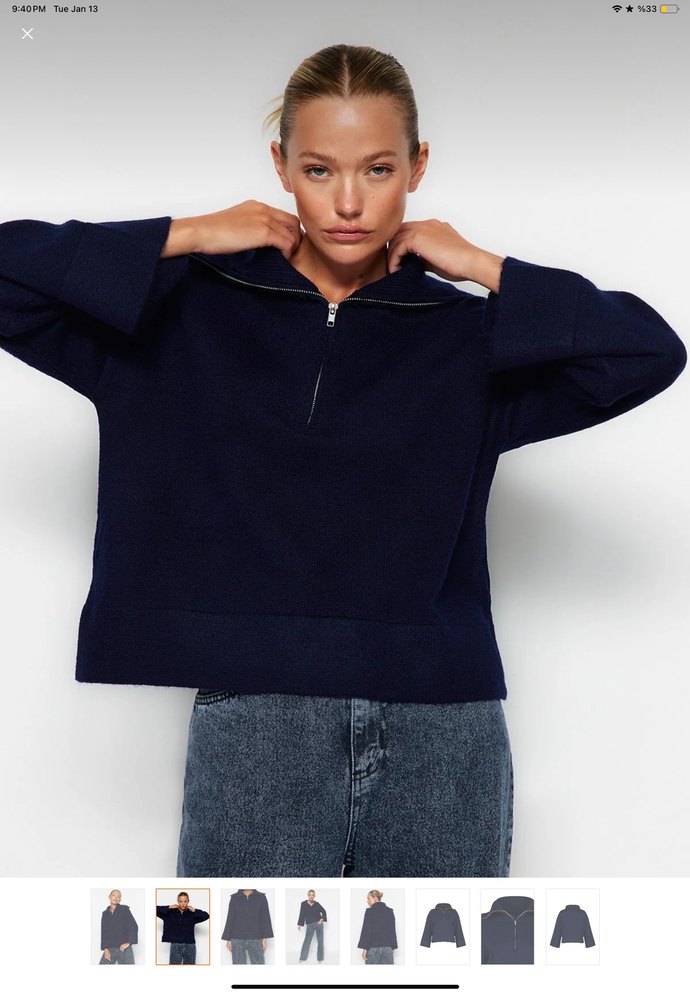 Kadın Lacivert Fermuarlı Yüksek Yakalı Kazak - Görsel 2