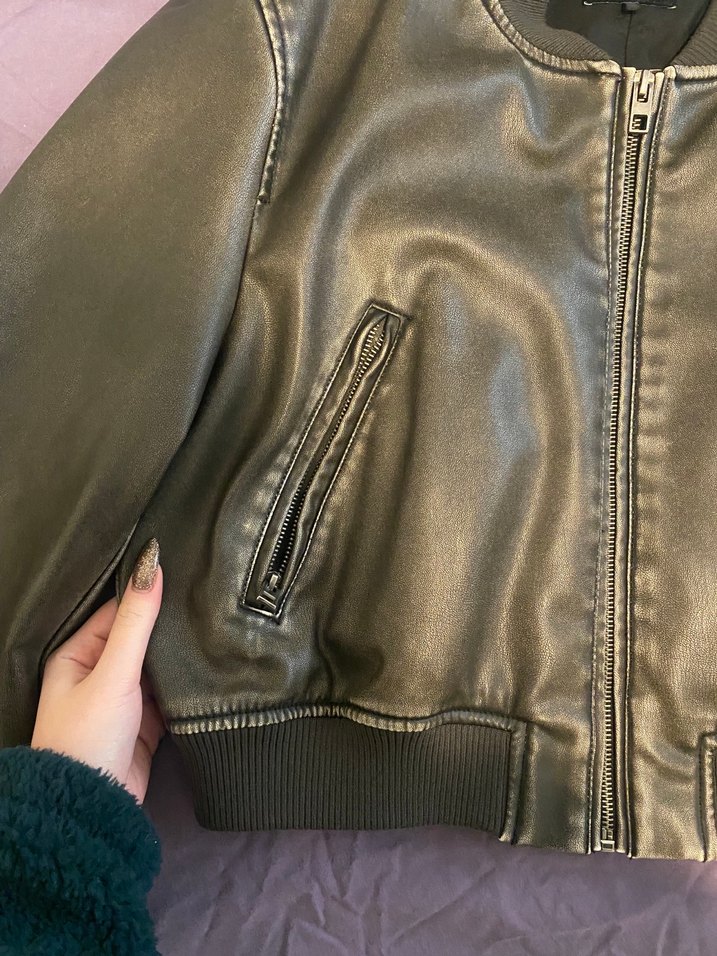Kadın Haki Deri Ceket - Görsel 2
