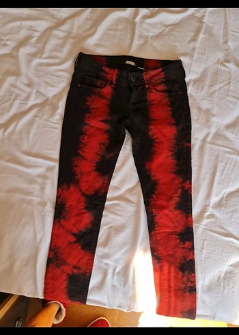 Diğer Kadın Koyu Kırmızı Batik Desenli Düğmeli Denim Pantolon
