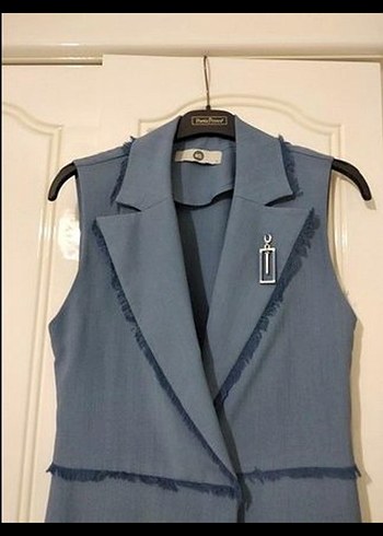 Kadın Mavi Uzun Denim Kemerli Yelek - Görsel 2