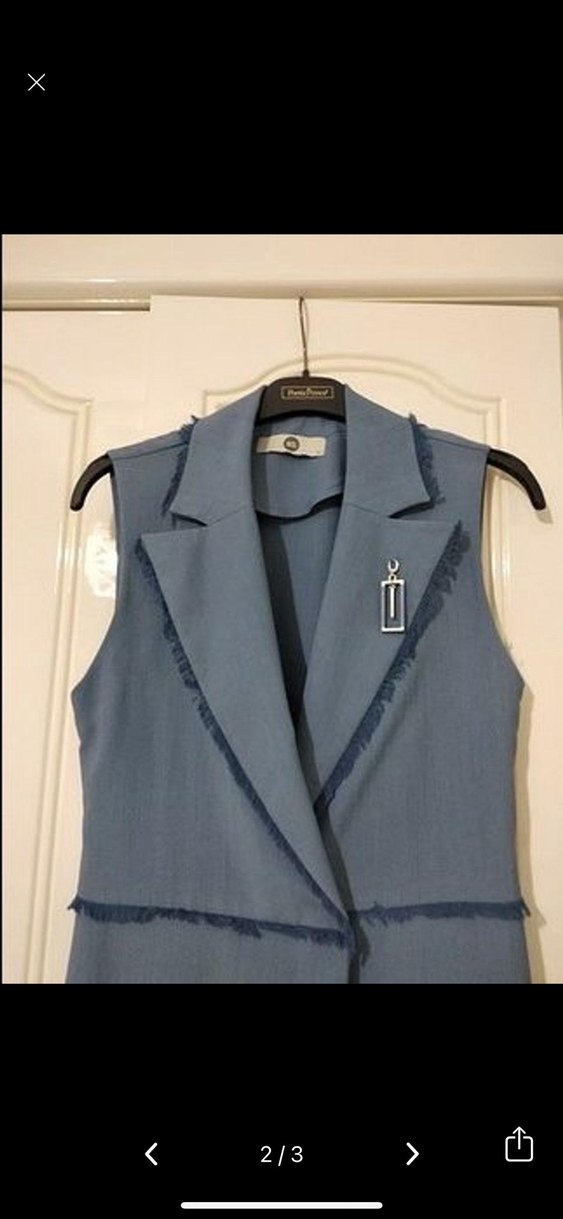 Kadın Mavi Uzun Denim Kemerli Yelek - Görsel 2