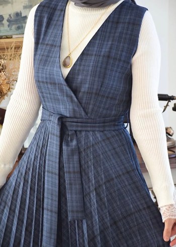 Piliseli Lacivert Ekose Uzun Elbise - Görsel 2