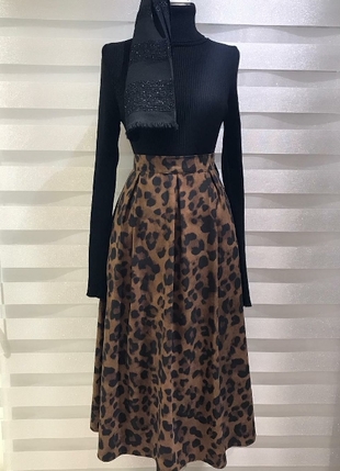 leoparlı süet etek