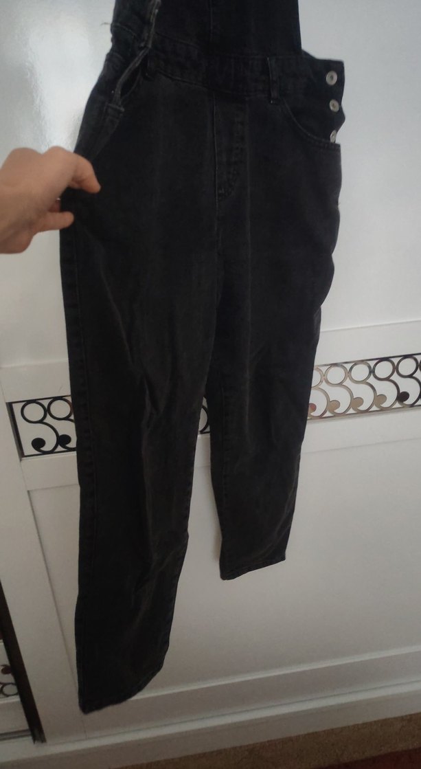 Siyah Kadın Denim Midi Tulum bahçıvan - Görsel 3