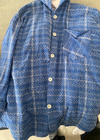 Mavi Düğmeli Uzun Kollu Keten Gömlek - Görsel 2