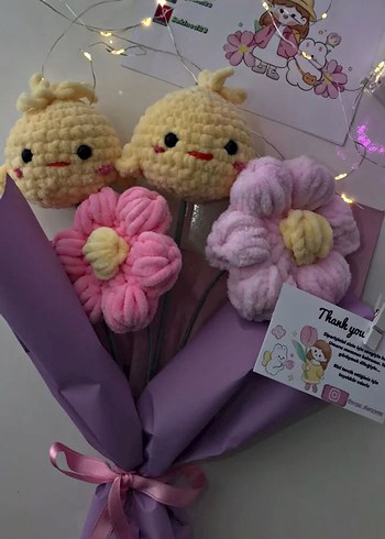 Pembe ve Sarı Peluş Çiçek Buketi