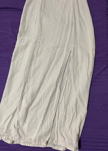 Beyaz Bağcıklı Uzun Kadın elbise  keten - Görsel 4