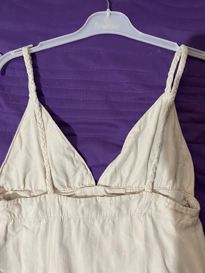 Beyaz Bağcıklı Uzun Kadın elbise  keten - Görsel 2