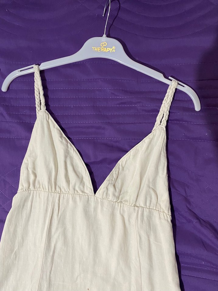 Beyaz Bağcıklı Uzun Kadın elbise  keten - Görsel 3