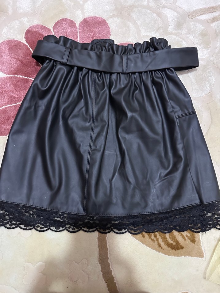 Kemerli Siyah Deri Mini Etek - Görsel 5