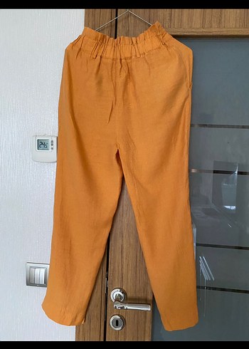 Düğmeli Bej Keten Kadın Pantolon - Görsel 3