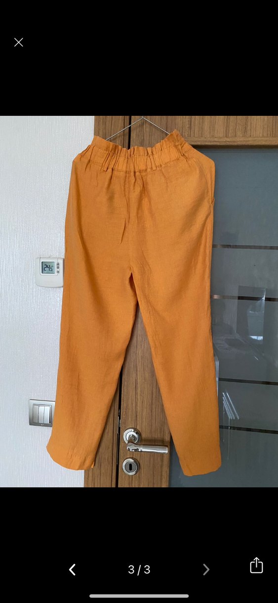 Düğmeli Bej Keten Kadın Pantolon - Görsel 3