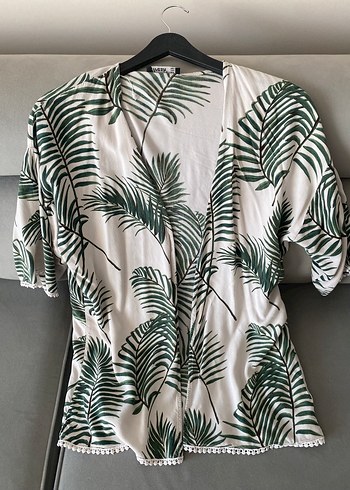 Yeşil Yaprak Desenli Bohem Kadın Kimono
