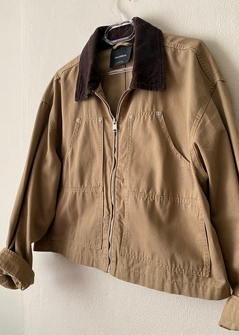 Pull and Bear Bej Kadın Fitilli Kadife Yaka Fermuarlı Ceket