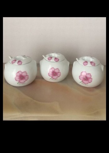 Pembe Çiçek Desenli Porselen 3'lü Baharat Takımı - Görsel 4