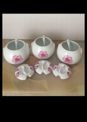 Pembe Çiçek Desenli Porselen 3'lü Baharat Takımı - Görsel 2