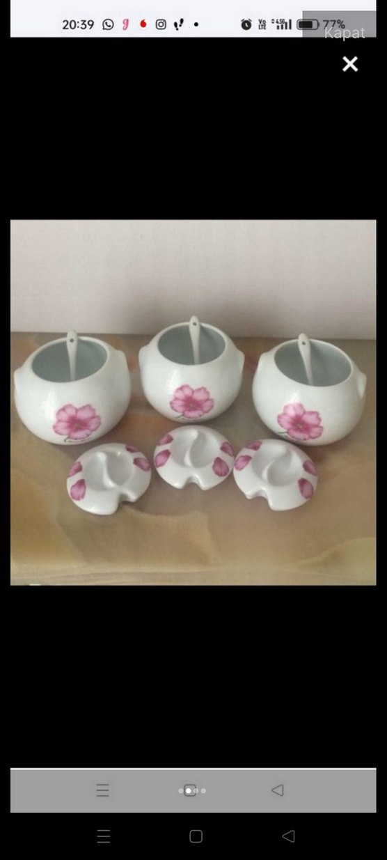 Pembe Çiçek Desenli Porselen 3'lü Baharat Takımı - Görsel 2