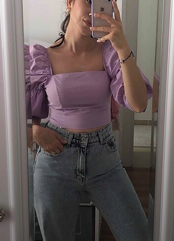 Lila kolları büzgülü bluz