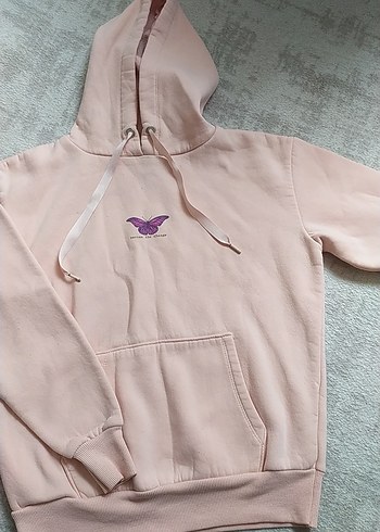 Pembe Kapüşonlu Baskılı Salaş Sweatshirt