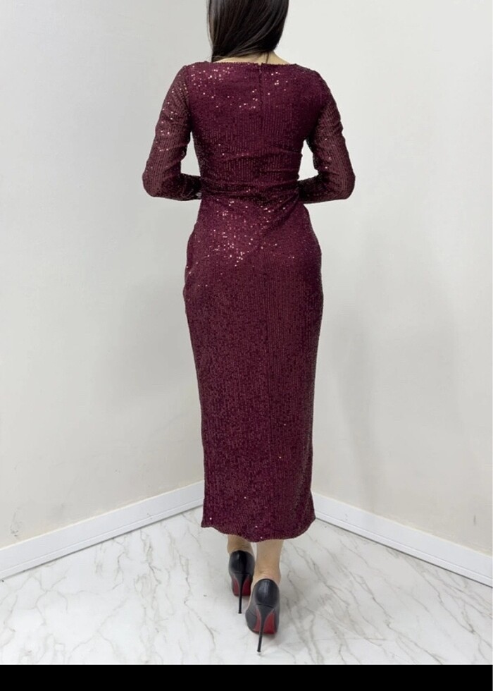 Bordo kruvaze yaka payet tasarım uzun kollu abiye elbise - Görsel 2