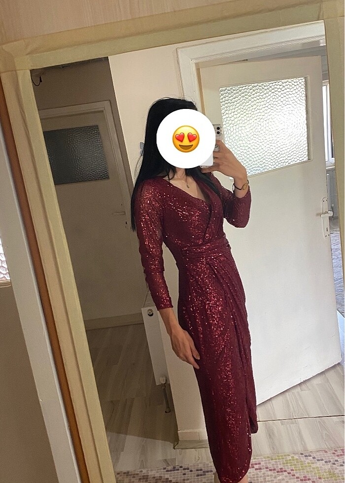 Bordo kruvaze yaka payet tasarım uzun kollu abiye elbise - Görsel 4