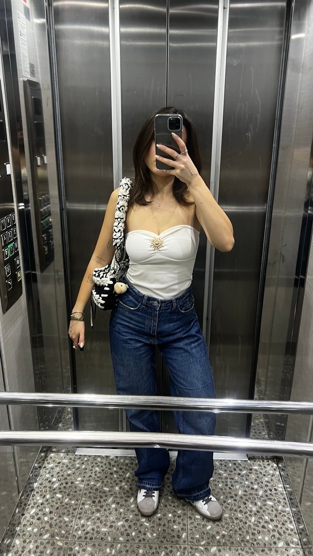 H&M gold detaylı straplez üst - Görsel 2