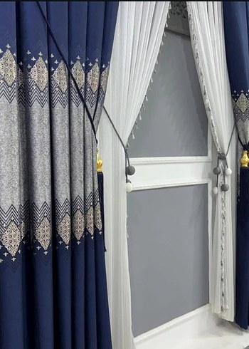 Nakışlı Yeşil ve Gri Perde Takımı - Görsel 2