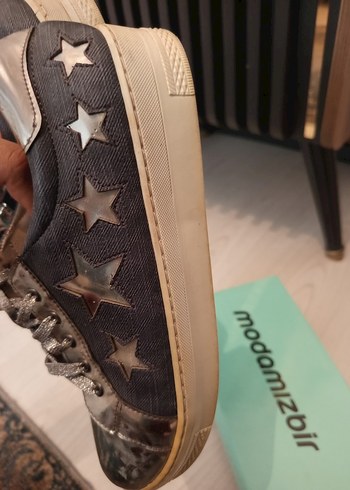 40 Beden Gri Nakışlı Kadın Kot Sneakers