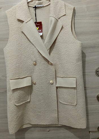 Düğmeli Beyaz uzun Kadın Yelek - Görsel 3