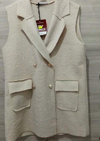 Düğmeli Beyaz uzun Kadın Yelek - Görsel 2