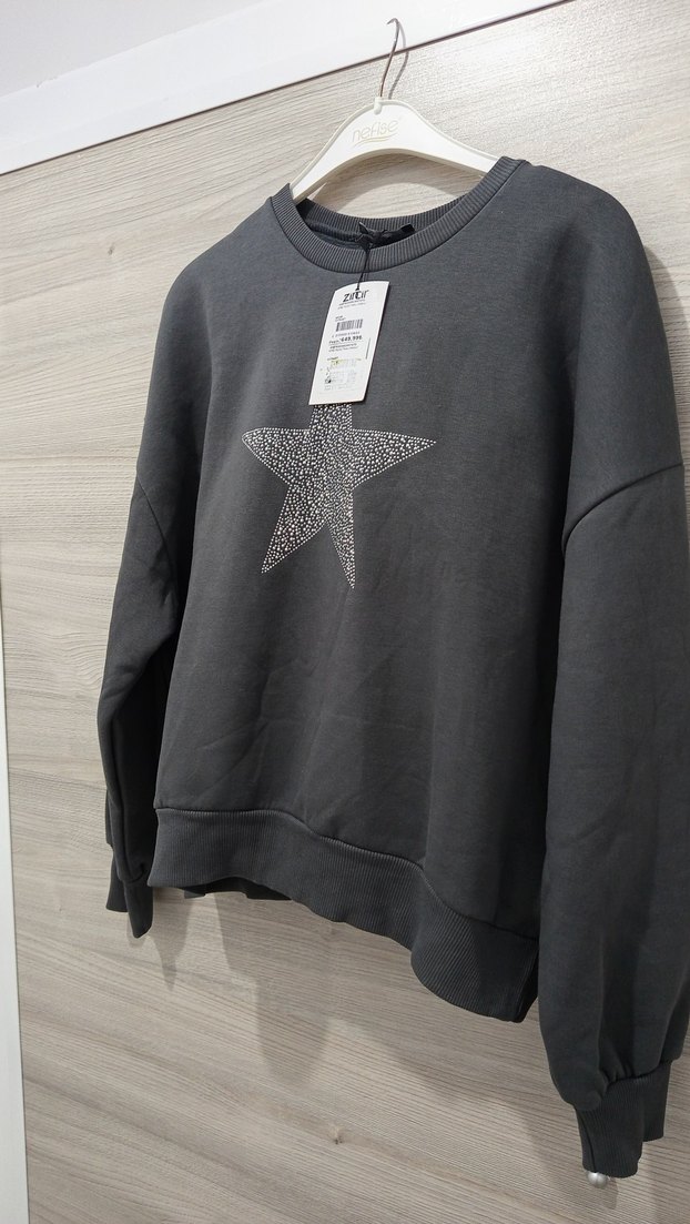 Gri Uzun Kollu Star Baskılı Sweatshirt - Görsel 3