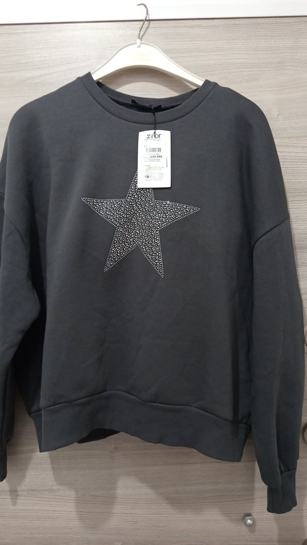 Gri Uzun Kollu Star Baskılı Sweatshirt - Görsel 5