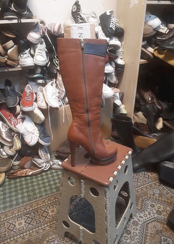 Kahverengi Deri Platform Topuklu Diz Boyu Kadın Çizme italyan - Görsel 3