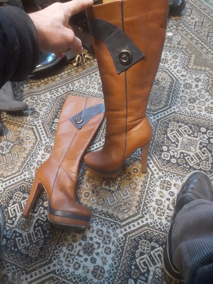 Kahverengi Deri Platform Topuklu Diz Boyu Kadın Çizme italyan - Görsel 2