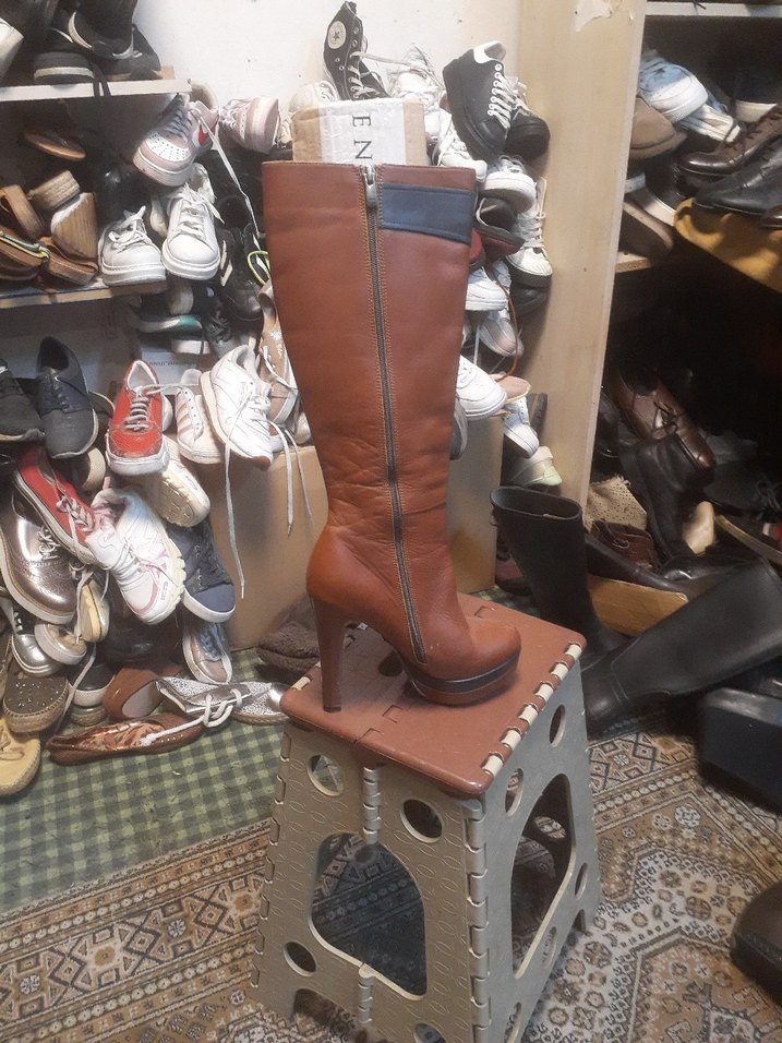 Kahverengi Deri Platform Topuklu Diz Boyu Kadın Çizme italyan - Görsel 3