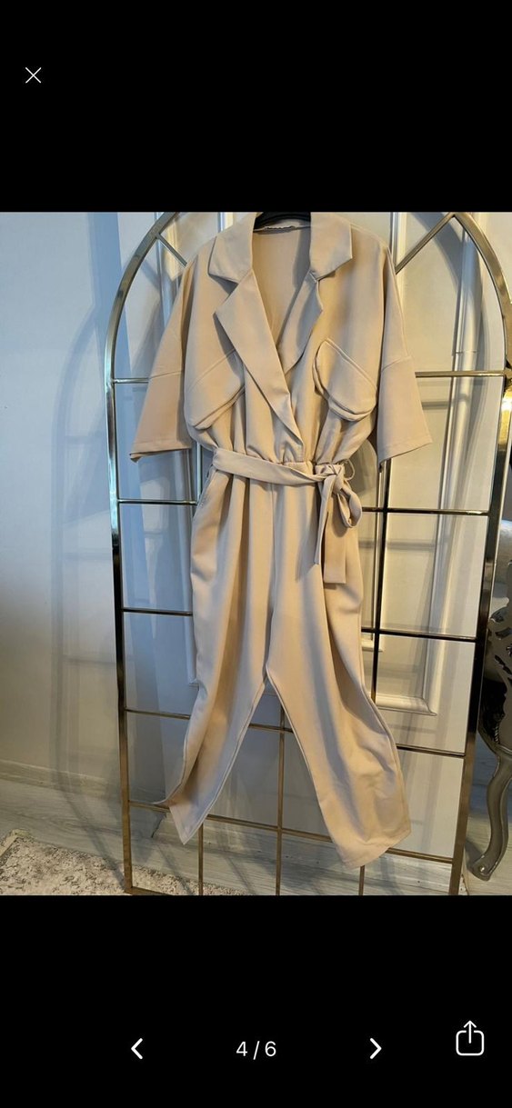 Bej Kısa Kollu Kemerli Kadın Tulum - Görsel 3