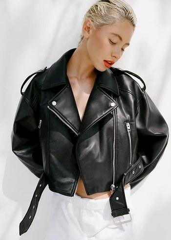 Zara Kadın Siyah Deri Biker Ceket - Görsel 2