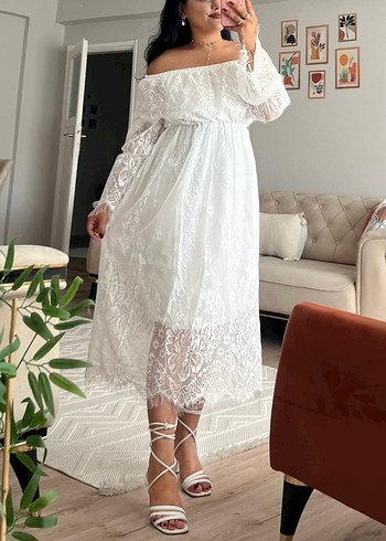 Zara Dantel İşlemeli Bohem Beyaz Uzun Elbise bir kez giyildi