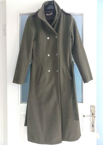 Gri Kadın Uzun Kemerli Yün Kaban - Görsel 2