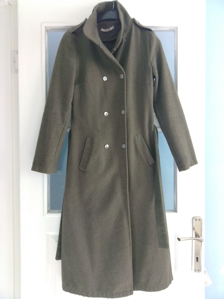 Gri Kadın Uzun Kemerli Yün Kaban - Görsel 2