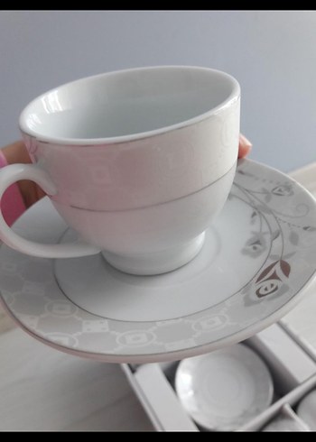 Gri Desenli Beyaz Porselen Kahve Fincanı Seti - Görsel 2