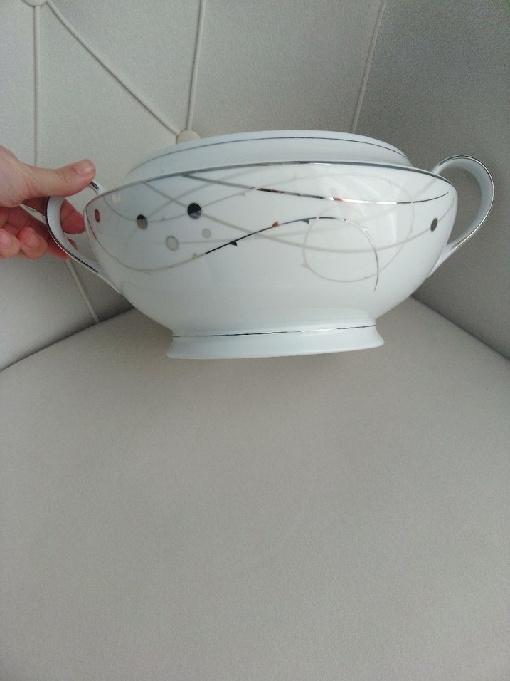 Beyaz Gri Desenli Kapaklı Porselen Çorba Kasesi - Görsel 2