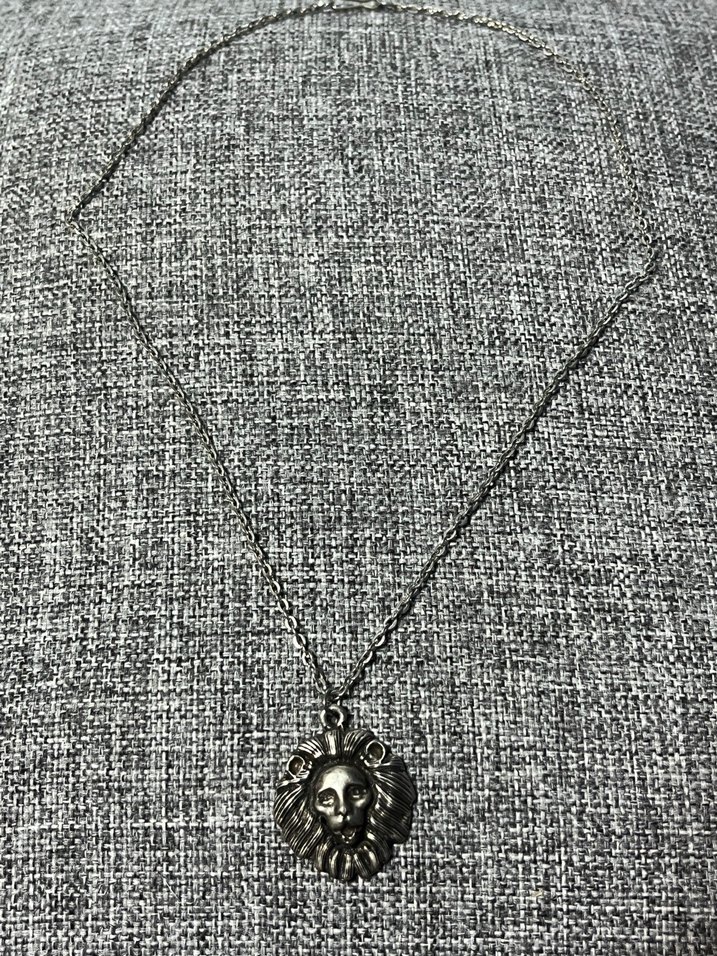 Gri Uzun Zincirli Aslan Figürlü Kolye - Görsel 2